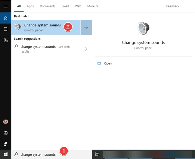 Search and open Change system sounds in Windows 10