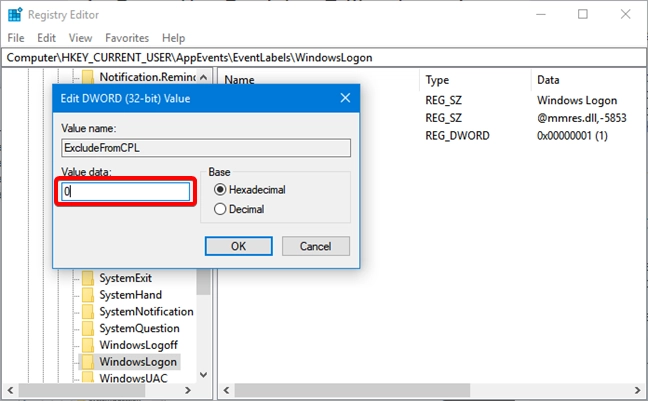 Enter zero for ExcludeFromCPL in the Registry Editor