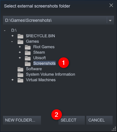 Selecting a new Screenshots folder for Steam