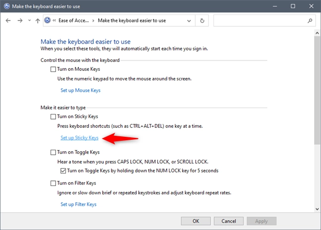Set up Sticky Keys in Control Panel