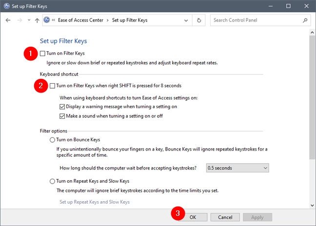 Control Panel: Turning off Filter Keys and the right SHIFT key shortcut