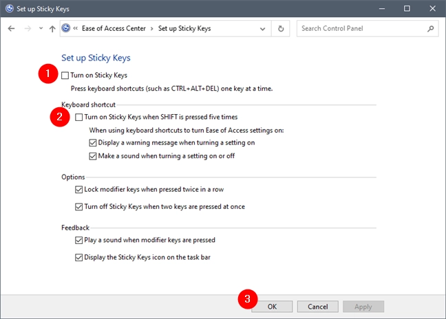 Control Panel: Turning off Sticky Keys and the SHIFT key shortcut
