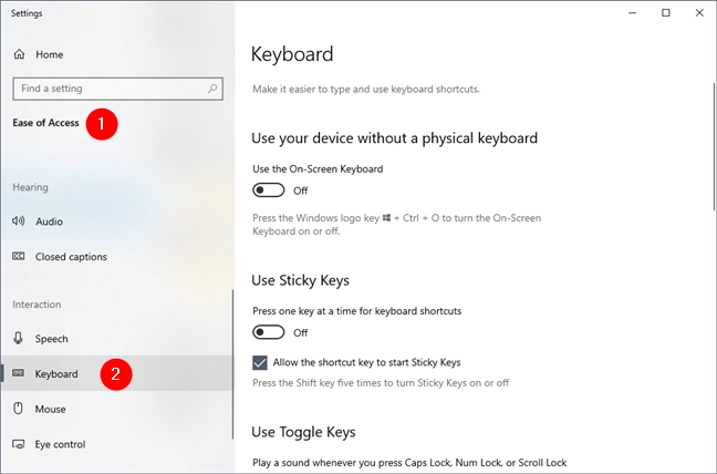 The Keyboard settings from Windows 10's Ease of Access