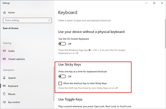 Turning off Sticky Keys and the SHIFT key shortcut