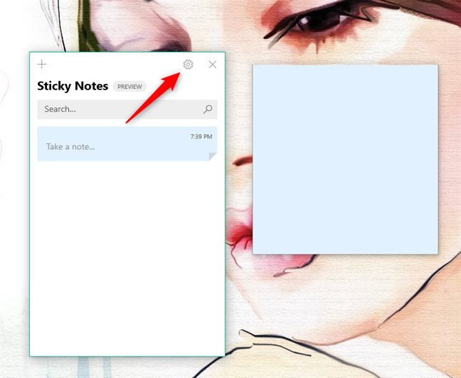 The Settings button from the Sticky Notes window