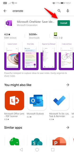 Installing Microsoft OneNote app from the Play Store