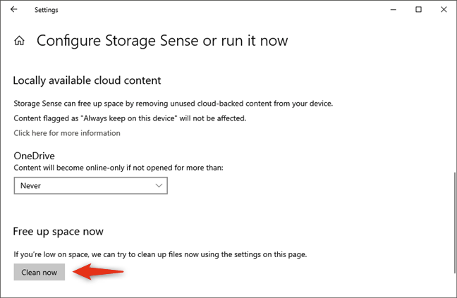 Manually cleaning space on the Windows 10 drive using Storage Sense