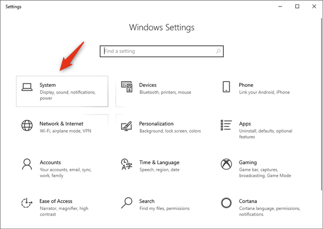 The System category of Windows 10 Settings