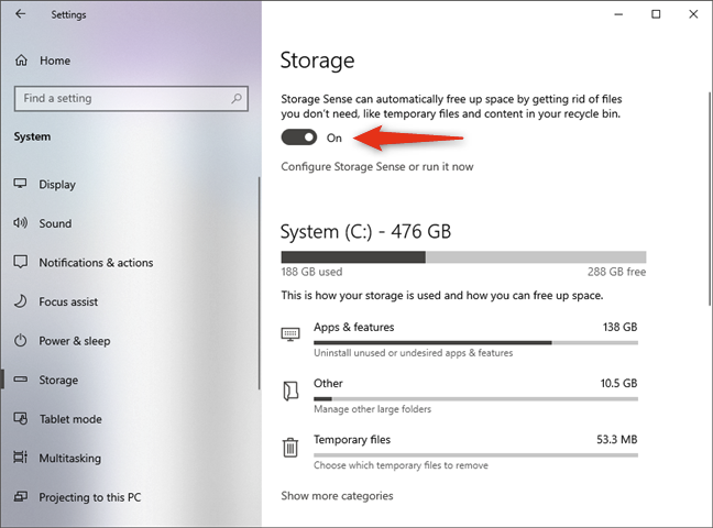 Turn on Storage Sense in Windows 10