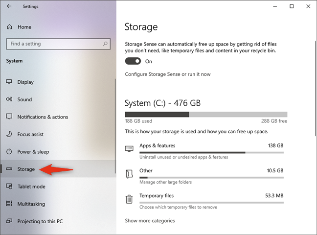 The Storage section from the System Settings