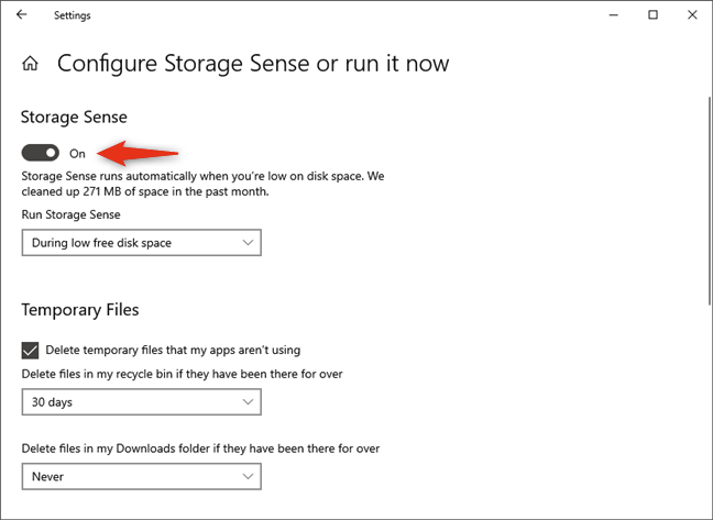 The switch for turning Storage Sense on or off