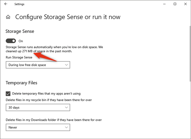 The amount of space cleaned up by Storage Sense