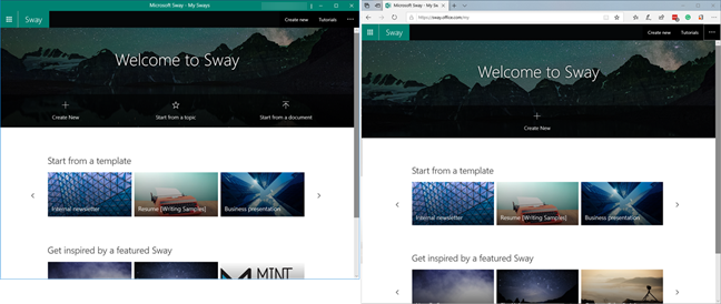Microsoft Sway is identical as a universal app (left) or a web app (right)