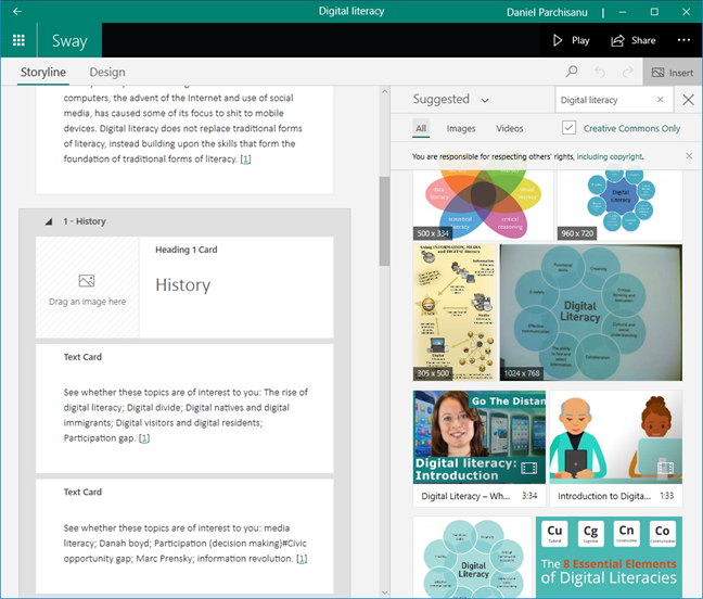 Insert internet search content in Microsoft Sway