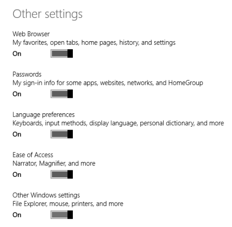 Windows 8.1, PC Settings, Sync, Settings, SkyDrive, Back up