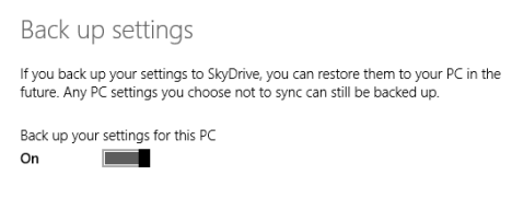 Windows 8.1, PC Settings, Sync, Settings, SkyDrive, Back up