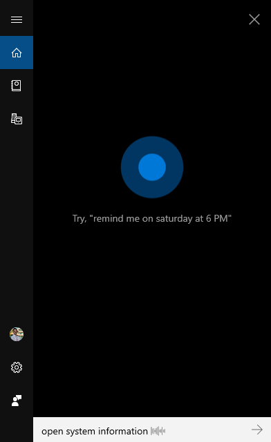Ask Cortana to open System Information in Windows 10