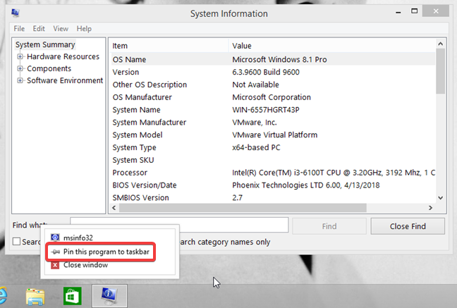 Pin System Information to the taskbar