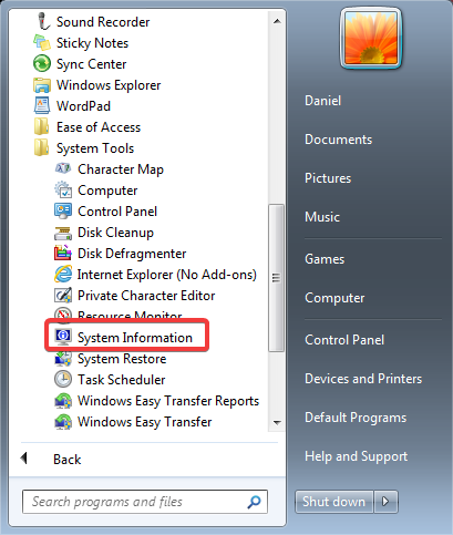 System Information in the Windows 7 Start Menu