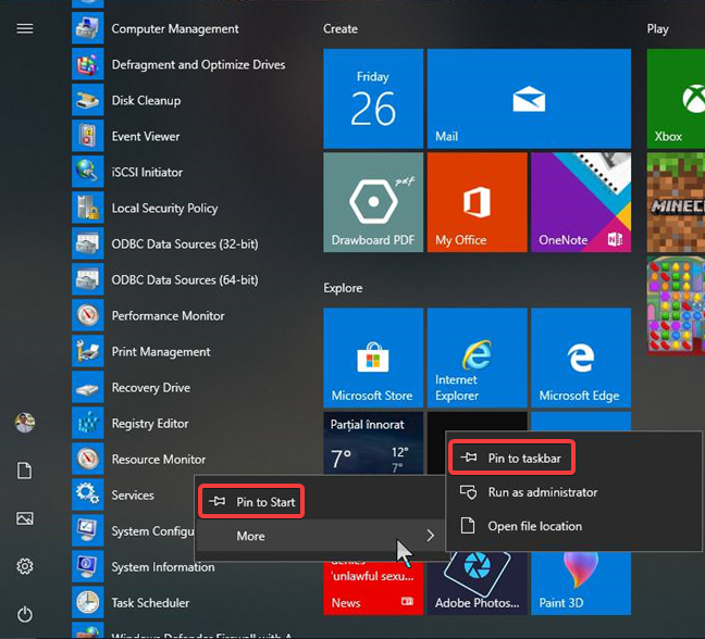 Pin to Start and Pin to the taskbar in Windows 10