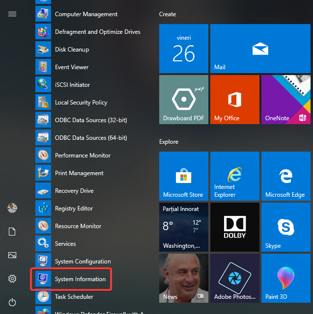 System Information in the Windows 10 Start Menu