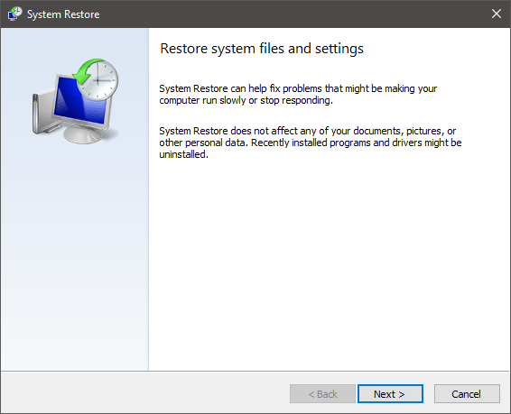 The System Restore wizard