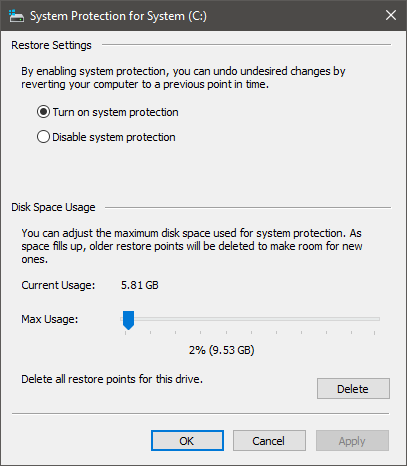 System Restore: Turn on system protection