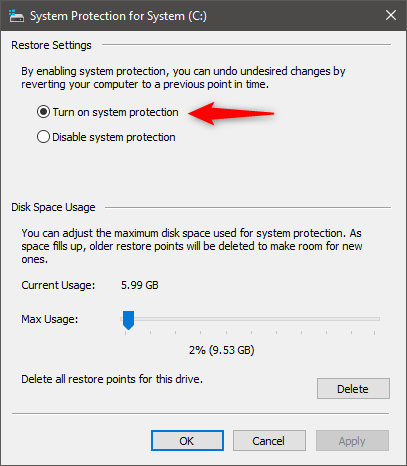 Turn on system protection (System Restore)
