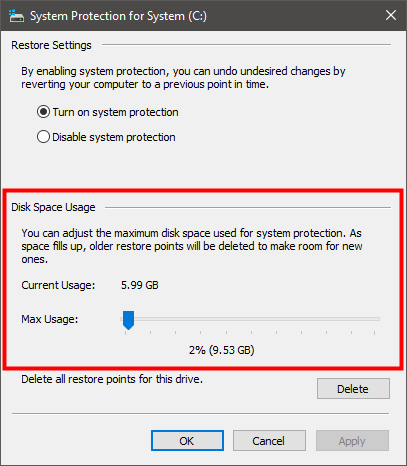 Choosing how much disk space System Restore is allowed to use