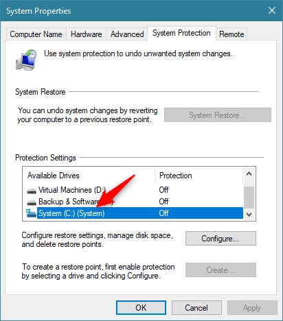 Selecting the drive for which to enable System Restore