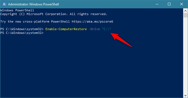 Enable System Restore on the C: drive using a command in PowerShell