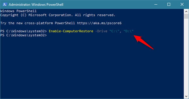 Enable System Restore on the C: and D: drives using a command in PowerShell