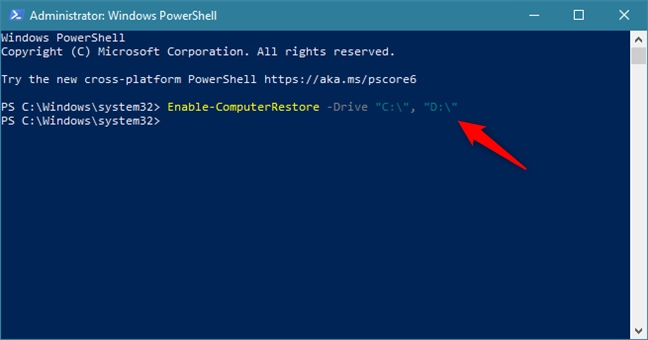 Enable System Restore on the C: and D: drives using a command in PowerShell