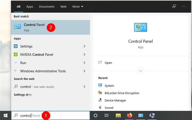 Searching for Control Panel in Windows 10