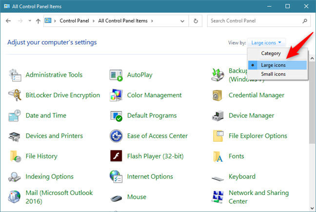 Selecting to view Control Panel items as large icons