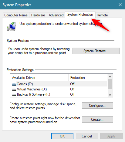 The System Protection tab from the System Properties window