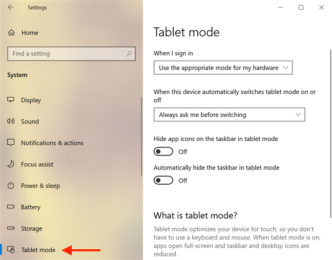 The Tablet mode settings