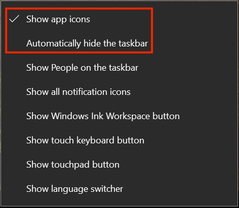 Change taskbar settings from its contextual menu
