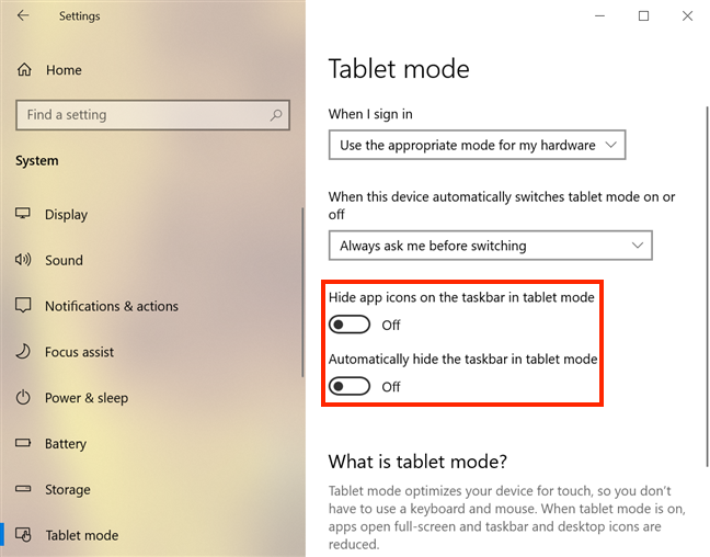 Taskbar settings while in Tablet mode
