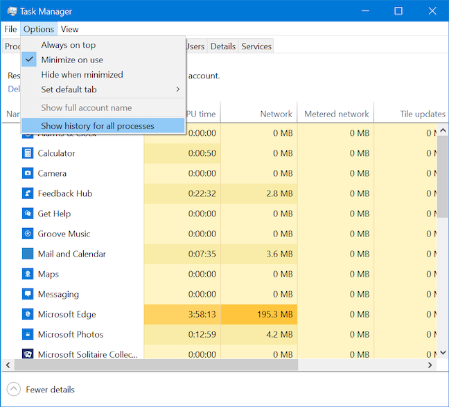 Show history for all processes to get the most out of the App history tab