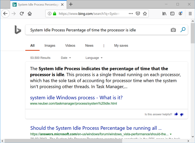 Your browser runs a Bing search with the name and description of the process