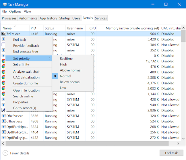 View and modify a process' priority level