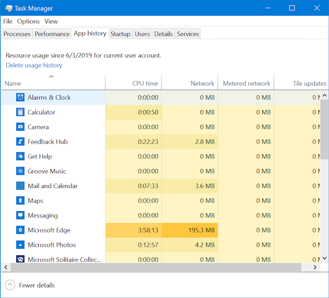 The App history tab in the full version of the Task Manager