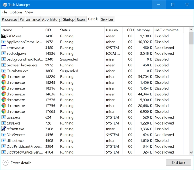 The Details tab in the full version of the Task Manager
