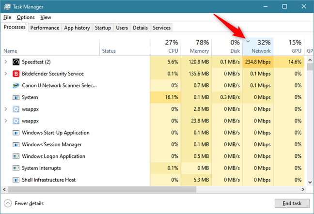 The Network header from the Task Manager Processes tab