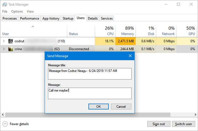 Sending a message to another user from Task Manager
