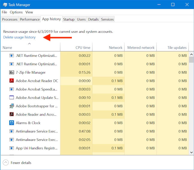 Delete usage history to clear usage statistics and reports