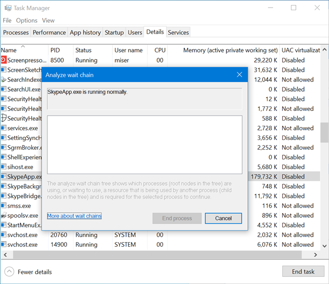 Skype running normally in the Analyze wait chain window