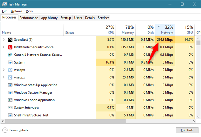 Identifying the apps that send a lot of data with Task Manager