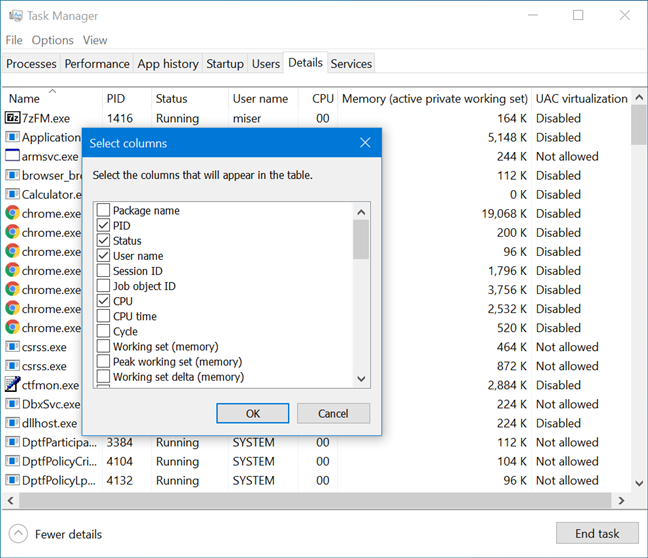 The Select Columns window shows a total of forty-six optional columns